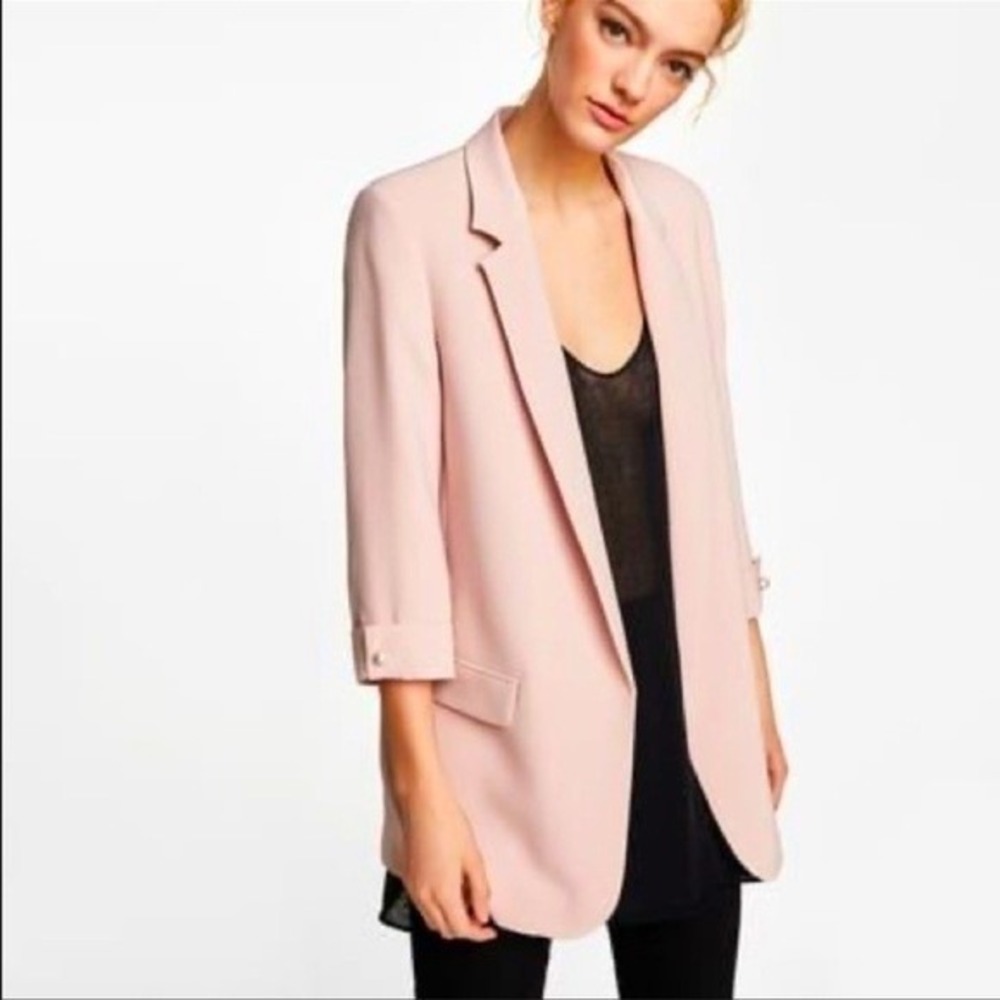 Zara Basic Blazer Womens Small Blush Pink Pearl Cuff Open Front Longline Jacket